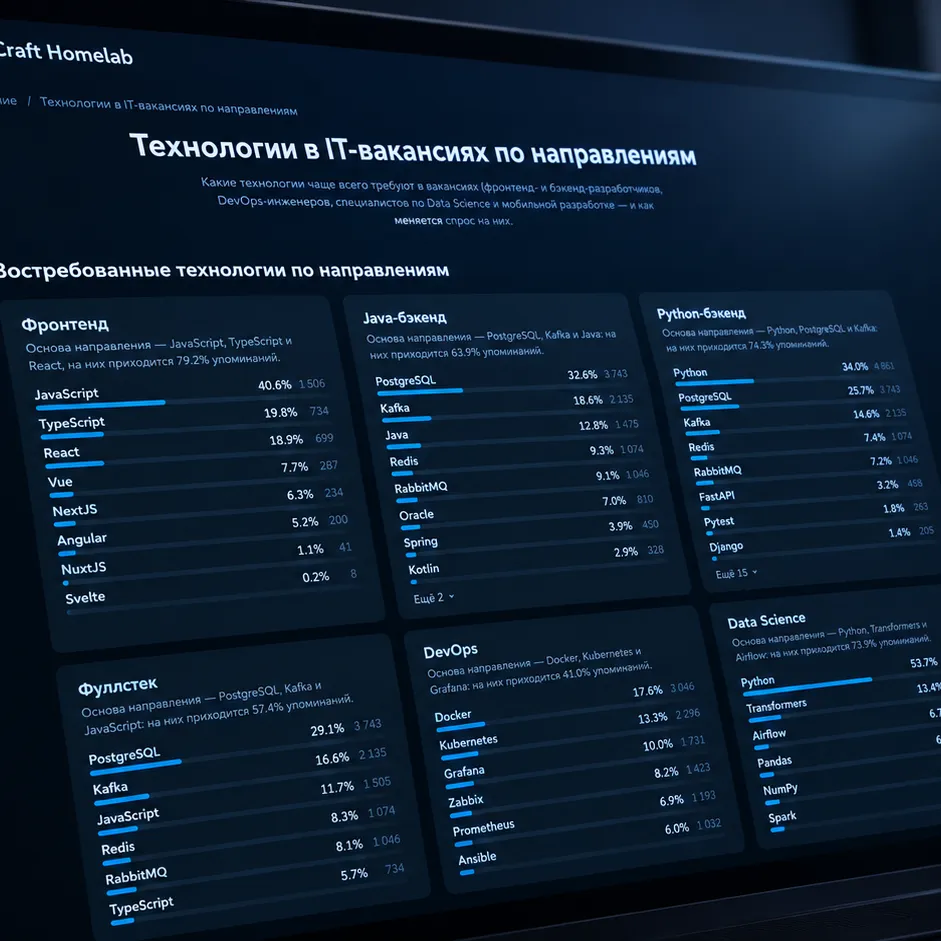 Страница статистики технологий в IT-вакансиях на экране монитора